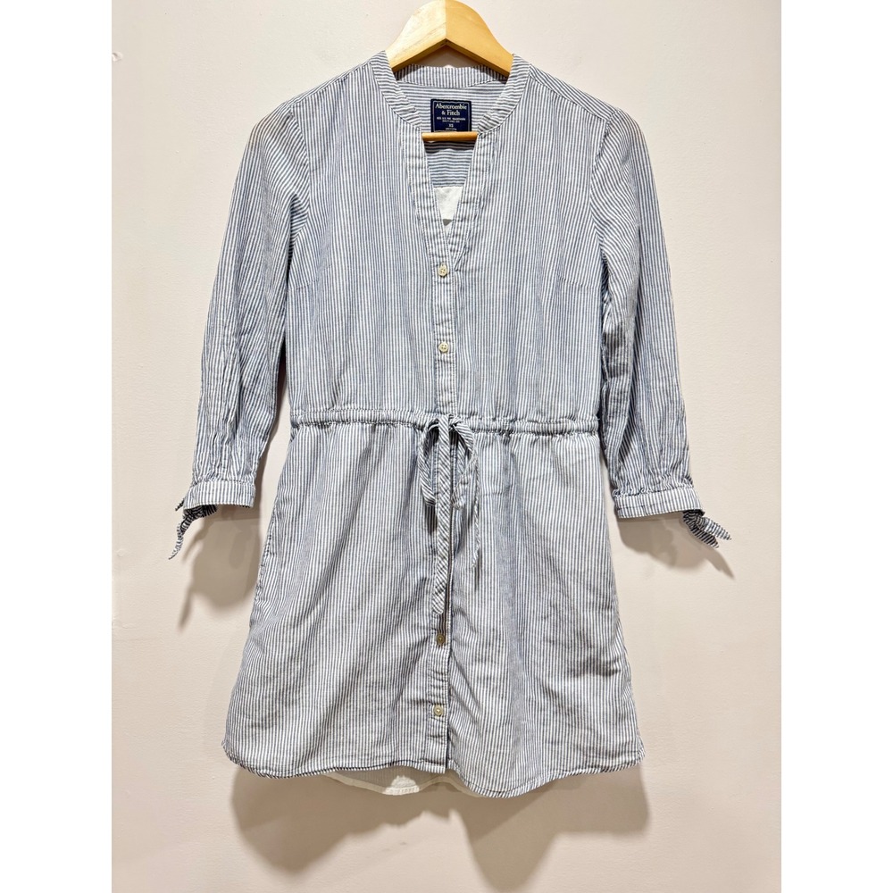Abercrombie & Fitch Blue White Striped Linen Blend Tie Sleeve Shirt Dress XS